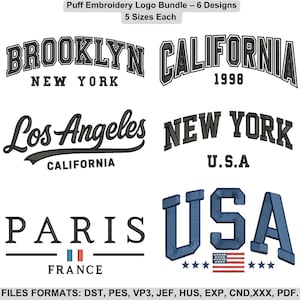 Peut inclure: Une collection numérique de six motifs de broderie en relief avec du texte incluant Brooklyn New York, California 1998, Los Angeles California, New York U.S.A, Paris France et USA avec un drapeau. L'image liste les formats DST, PES, VP3, JEF, HUS, EXP, CND, XXX, PDF.
