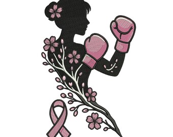 Strong Woman Boxing Embroidery Design, Breast Cancer Awareness Pink Ribbon Machine Embroidery Pattern, 5 Sizes, Instant Download