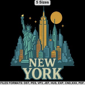 May include: An embroidered design featuring the New York City skyline, including the Statue of Liberty, skyscrapers, and a full moon. The text "NEW YORK" is prominently displayed below the skyline. The design is in shades of teal, gold, and orange on a black background.