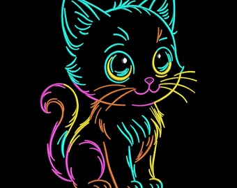 Disegno da ricamo di un simpatico gatto al neon, motivo per ricamo a macchina di un gattino con contorno arcobaleno, file per ricamo di animali domestici, 5 misure, download immediato