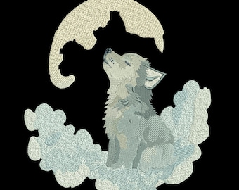 Diseño de bordado de lobo aullando, lobo lunar, archivo de bordado a máquina, 5 tamaños, descarga instantánea