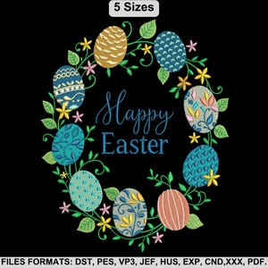 May include: An embroidered design featuring a wreath of Easter eggs in various colors, including blue, gold, and coral, with green leaves and yellow flowers. The words "Happy Easter" are written in blue script. The design is on a black background.