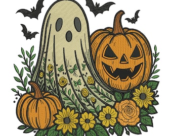 Halloween Ghost Pumpkin Machine Embroidery, Spooky Jack O Lantern Embroidery, Fall Floral Ghost Embroidery File, 5 Sizes, Instant Download