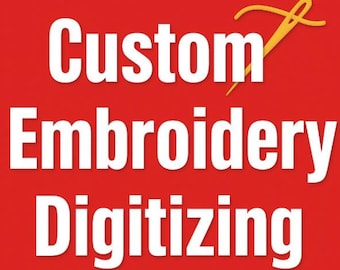 Op de afbeelding: Rode achtergrond met witte tekst: "Custom Embroidery Digitizing." Een gele naald- en draadgrafiek staat in de rechterbovenhoek. De afbeelding is ontworpen om borduurservices te promoten.