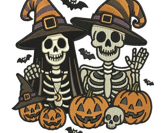 Halloween Skeleton Couple Embroidery Design, Skeletons with Pumpkins Embroidery Pattern, Spooky Embroidery File, 5 Sizes, Instant Download