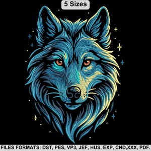 Maskinbroderidesign med vildvarghuvud, realistiskt vargbroderimönster, djurbroderifil, 5 storlekar, omedelbar nedladdning.