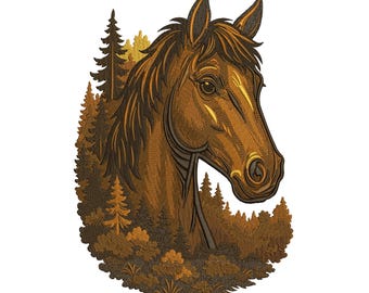 Peut inclure: Une broderie représentant une tête de cheval avec un arrière-plan forestier. Le cheval est brun avec des ombres détaillées, et la forêt est rendue dans des tons de brun et d'or. Le texte en haut indique "5 Sizes". Le texte en bas énumère les formats de fichiers.