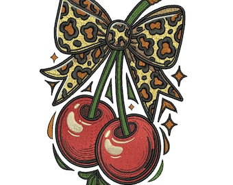 Cherry with Leopard Print Bow Embroidery Design, Cherry with Bow Machine Embroidery File, Embroidery Pattern, 5 Sizes, Instant Download