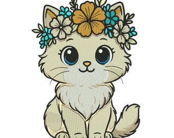 Cute Kitten Embroidery Design, Cat with Floral Crown Machine Embroidery, Cat Machine Embroidery Pattern, 5 Sizes, Instant Download