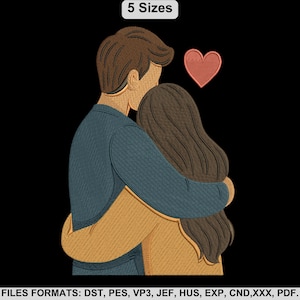 Pode incluir: Um desenho bordado de um casal a abraçar-se, com um coração vermelho por cima. As figuras são em tons de castanho, bege e azul, sobre um fundo preto. O texto "5 Sizes" está no topo. Abaixo, o texto diz "FILES FORMATS: DST, PES, VP3, JEF, HUS, EXP, CND, XXX, PDF."
