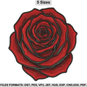 Może przedstawiać: Szczegółowy haft przedstawiający czerwoną różę z ciemnoszarym cieniowaniem. Obraz zawiera tekst "5 Sizes" u góry i listę formatów plików u dołu. Róża jest wyśrodkowana i zajmuje większość kadru.