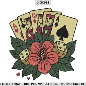 Peut inclure: Motif brodé avec des cartes à jouer, une fleur d'hibiscus rouge, des dés et des feuilles vertes. Les cartes incluent un As de cœur, un Roi de pique, une Dame de carreau et un As de pique. Le texte "5 Sizes" est en haut.