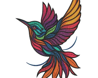 Diseño de bordado de colibrí colorido, patrón de bordado a máquina de pájaro estilo boho, archivo de bordado de pájaro multicolor, 5 tamaños, descarga instantánea