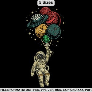 May include: An astronaut in a beige spacesuit floats upwards, holding a bunch of colorful planet-shaped balloons. The balloons include Saturn, a red planet, and others in shades of green and yellow. The image is set against a black background with the text "5 Sizes".