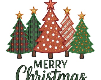 Frohe Weihnachten Bäume Stickdatei, Feiertag Maschinenstickmuster, Weihnachtsbaum Stickdatei, 5 Größen, Instant Download