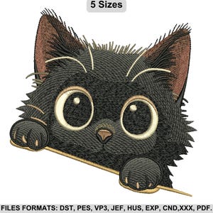 May include: An embroidered design of a black cat with large, expressive eyes and a small nose. The cat's paws are visible, as it appears to be peeking over an edge. The text "5 Sizes" is at the top. The image also lists file formats.