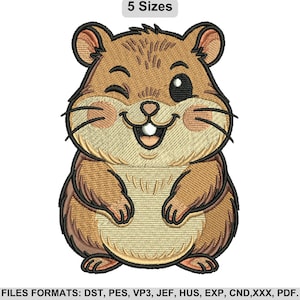Pode incluir: Um desenho de bordado de hamster de desenho animado sorrindo e piscando, em tons de marrom, bege e preto. O desenho inclui o texto "5 Sizes" na parte superior e informações sobre o formato do arquivo na parte inferior. O hamster tem uma expressão alegre.