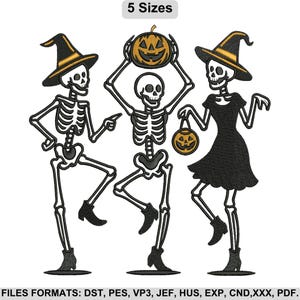 May include: A Halloween-themed embroidery design featuring three dancing skeletons. One skeleton points, another holds a jack-o'-lantern, and the third wears a black dress and holds a pumpkin. The design includes the text "5 Sizes".
