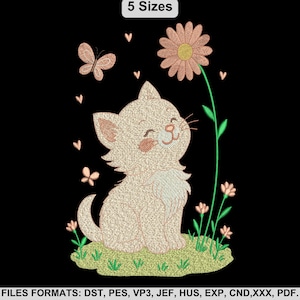 Cute Kitten with Flowers & Butterfly Embroidery Design, Cat Machine Embroidery Design, 5 Sizes, Instant Download