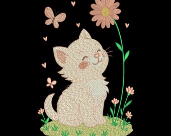 Cute Kitten with Flowers & Butterfly Embroidery Design, Cat Machine Embroidery Design, 5 Sizes, Instant Download