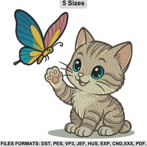 Playful Kitten with Butterfly Machine Embroidery Design, Cute Cat and Butterfly Machine Embroidery File, 5 Sizes, Instant Download