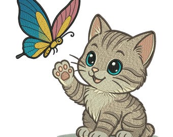 Playful Kitten with Butterfly Machine Embroidery Design, Cute Cat and Butterfly Machine Embroidery File, 5 Sizes, Instant Download