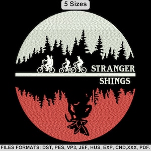Broderidesign med retro 80-talscykelsilhuett, upp och ner-vänt skogstema, 5 storlekar, DST, PES-filer, direktnedladdning