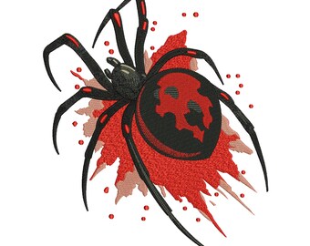 May include: An embroidered design featuring a black widow spider with a red hourglass marking on its abdomen, set against a red splatter. The image includes the text "5 Sizes".