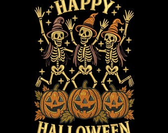 Disegno da ricamo Happy Halloween, modello da ricamo a macchina con scheletri danzanti, ricamo di zucca di Halloween, 5 misure, download immediato
