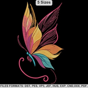 以下が含まれることがあります： ピンク、オレンジ、黄色、ターコイズの色合いで刺繍された、鮮やかな色の蝶のデザイン。黒い背景に設定されています。デザインには「5 Sizes」という文字が含まれています。