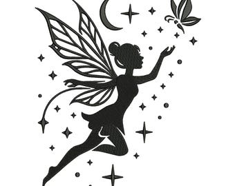 Fairy Silhouette Embroidery Design, Magic Fairy with Stars & Butterfly Machine Embroidery, Fantasy Embroidery, 5 Sizes, Instant Download