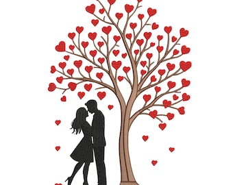 Diseño de bordado de pareja romántica bajo un árbol en forma de corazón, patrón de bordado de árbol del amor, archivo de bordado para San Valentín, 5 tamaños, descarga instantánea