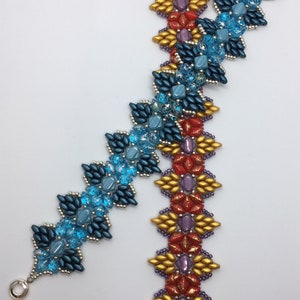 May include: Three beaded bracelets with a geometric pattern. The bracelets are made with blue, gold, red, and purple beads.