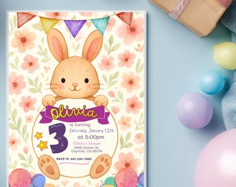 Bunny Birthday Editable Digital Canva Invite Template, Party Animal Invitation, Watercolor Rabbit, Customizable