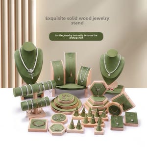 Olive Green jewelry display set, necklace organizer, earring stand, walnut wood jewelry display, rings organizer holder, velvet ring tray