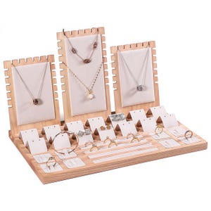 Integrated bamboo wood jewelry display stand set, necklace organizer, ring stand, earring stand, rings organizer holder,velvet fabric