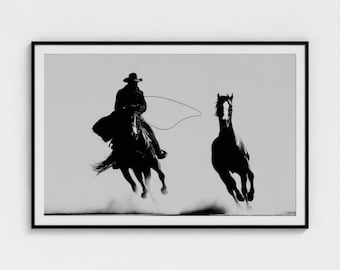 Zwart-witte cowboyfotografieprint, kunst aan de muur westernpaard, decor rustieke boerderij