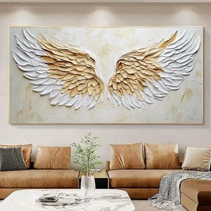 Abstract Angel Wing Oil Painting On Canvas, Large Wall Art, Original White Wing Art Texture Boho Wall Art Minimalist Living Room Decor Gift
