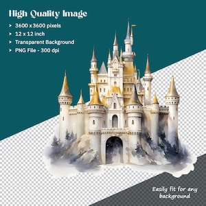 K&ouml;nnte beinhalten: Aquarellillustration eines M&auml;rchenschlosses mit mehreren T&uuml;rmen und goldenen T&uuml;rmchen. Das Schloss ist wei&szlig; mit grauen und goldenen Akzenten, auf einem nebligen Berg. Der Text enth&auml;lt: "High Quality Image", "3600 x 3600 Pixel", "12 x 12 Zoll", "Transparent Background", "PNG File - 300 dpi".