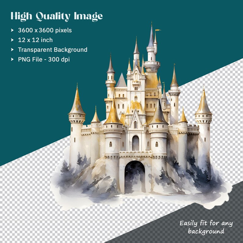 K&ouml;nnte beinhalten: Aquarellillustration eines M&auml;rchenschlosses mit mehreren T&uuml;rmen und goldenen T&uuml;rmchen. Das Schloss ist wei&szlig; mit grauen und goldenen Akzenten, auf einem nebligen Berg. Der Text enth&auml;lt: "High Quality Image", "3600 x 3600 Pixel", "12 x 12 Zoll", "Transparent Background", "PNG File - 300 dpi".