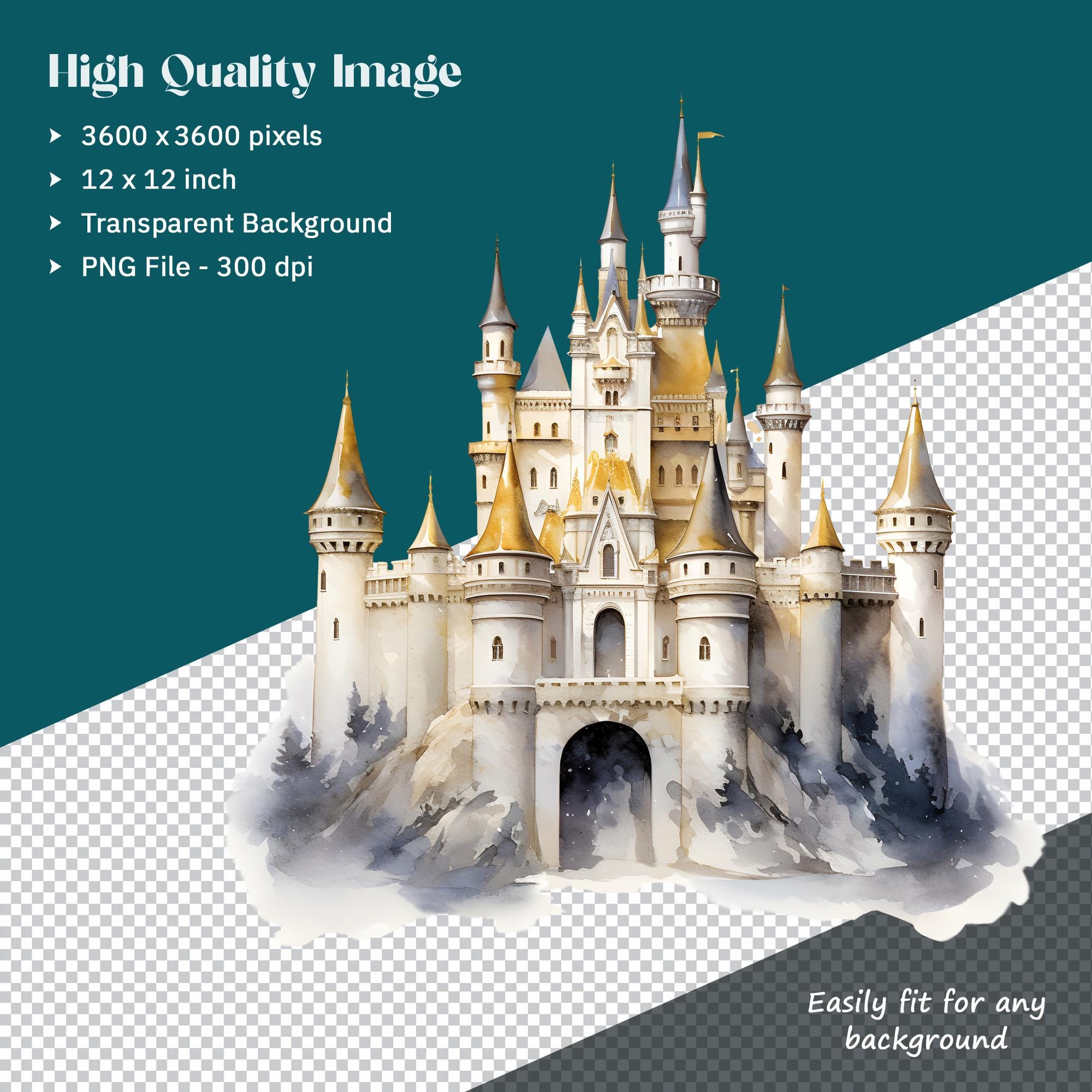 Watercolor Castle Clipart, Fairy Tale Princess Birthday Castle, 24 PNG ...