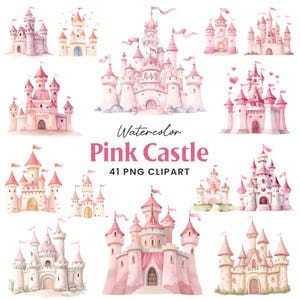 Könnte beinhalten: Aquarellillustrationen von rosa Schlössern mit Fahnen und Türmen. Der Text "Watercolor Pink Castle 41 PNG Clipart" ist in Rosa dargestellt. Die Schlösser variieren in Design und Größe und haben eine weiche, skurrile Ästhetik.