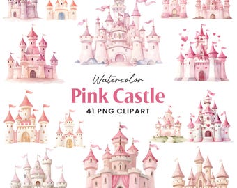 Watercolor Princess Pink Castle Clipart Bundle, Fairytale Little Princess Birthday Castle PNG (Digital Download)