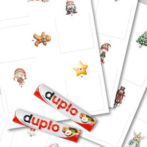May include: Advent calendar pages featuring festive watercolour illustrations of Christmas characters and a chocolate bar. Illustrations include a reindeer, gnome, gingerbread man, star, elf, candy cane, Christmas tree, nutcracker, and angel.
