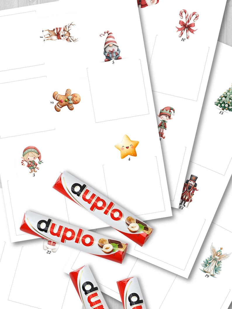 May include: Advent calendar pages featuring festive watercolour illustrations of Christmas characters and a chocolate bar. Illustrations include a reindeer, gnome, gingerbread man, star, elf, candy cane, Christmas tree, nutcracker, and angel.
