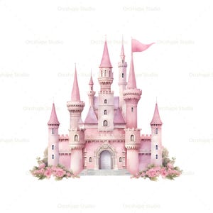 K&ouml;nnte beinhalten: Aquarellillustration eines rosa Schlosses mit mehreren T&uuml;rmen und einem rosa Banner. Das Schloss hat einen wei&szlig;en, gew&ouml;lbten Eingang und ist von rosa Blumen umgeben. Das Bild hat ein M&auml;rchen- oder Fantasy-Thema.