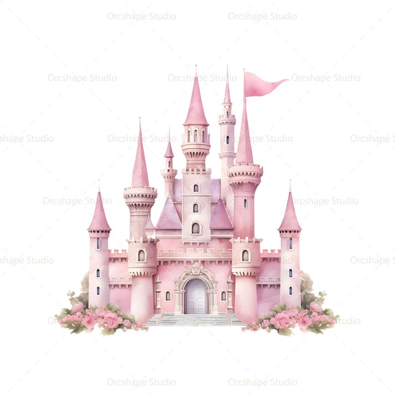 K&ouml;nnte beinhalten: Aquarellillustration eines rosa Schlosses mit mehreren T&uuml;rmen und einem rosa Banner. Das Schloss hat einen wei&szlig;en, gew&ouml;lbten Eingang und ist von rosa Blumen umgeben. Das Bild hat ein M&auml;rchen- oder Fantasy-Thema.