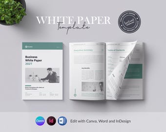 Canva Whitepaper Printable, 40 Pages Whitepaper Template, Word InDesign Template, Digital Download