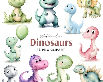 Watercolor Dinosaur Clipart, 16 Cartoon Dino Clip Art Set, Dinosaur Nursery Decor (digital download)