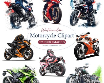 Watercolor Motorcycle Clipart, 12 Motorbike PNG Cliparts Set (Digital Download)